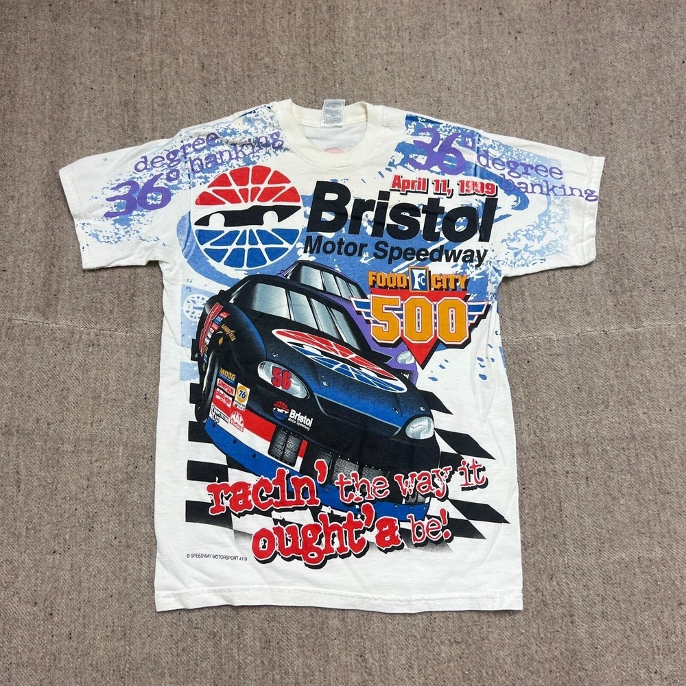 Vintage Bristol Motor Speedway Shirt Mens Large White 1990s Nascar AOP